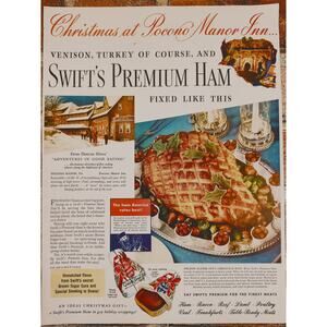 1941 Swift's Premium Ham Print Ad Christmas at Pocono Manor Inn Vintage Ephemera
